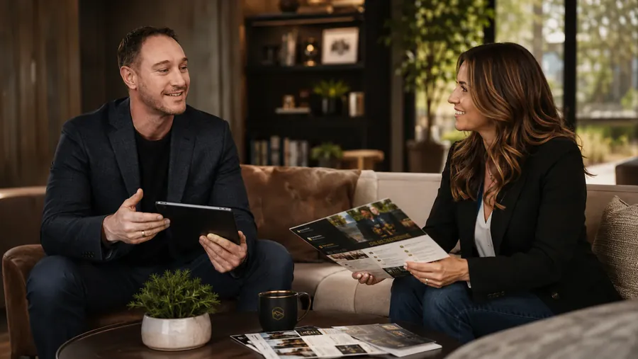 A planning meeting in a warm lounge: a business owner reviewing printed campaign layouts while her marketing partner talks through the plan on a tablet.