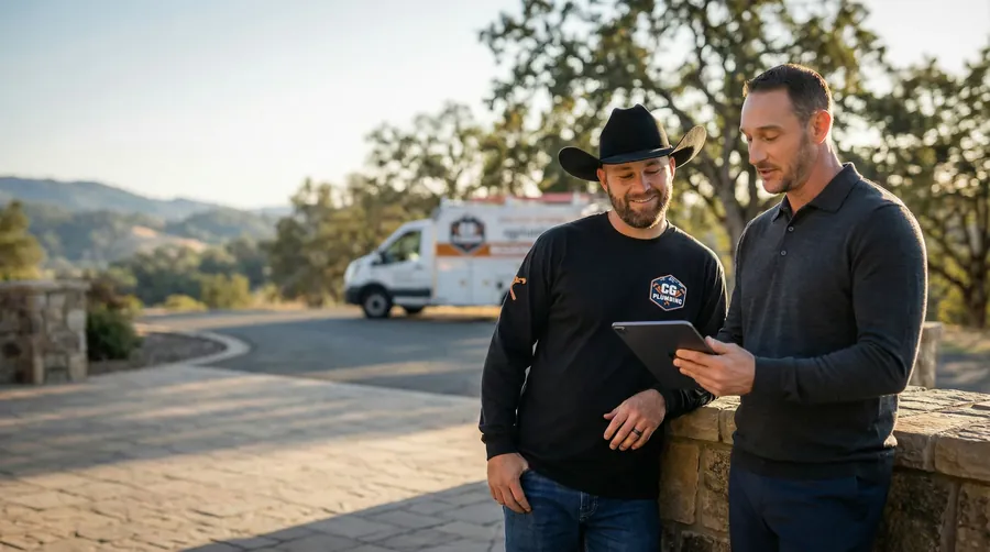 A local plumbing contractor and his marketing partner reviewing campaign results together on a tablet outside a job site, foothills behind them at golden hour.
