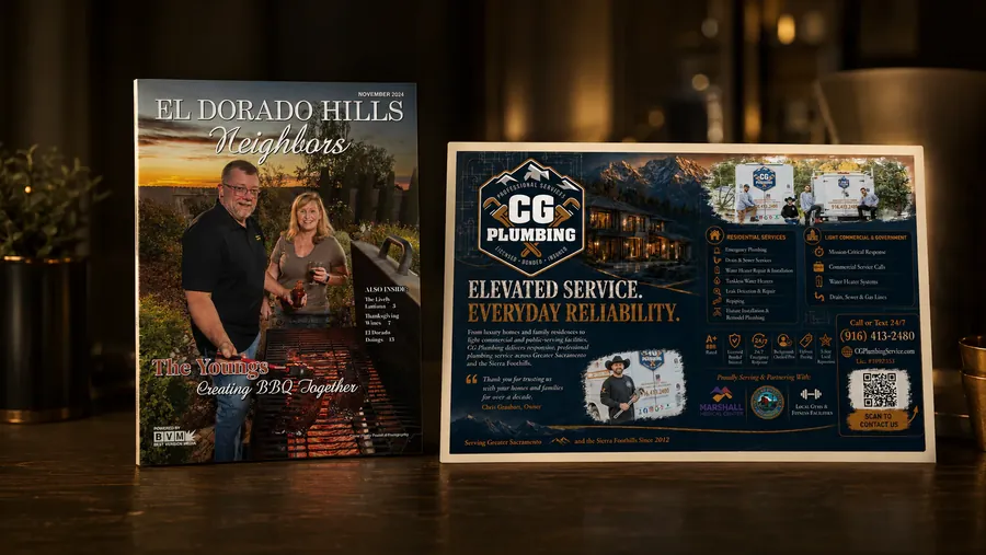 The November 2024 El Dorado Hills Neighbors cover standing beside CG Plumbing's full-page advertisement, showing the ad's headline, service list, owner quote, phone number and contractor licence.