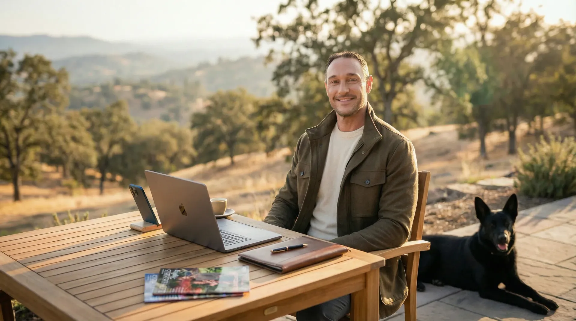 Clinton Goodrich at an outdoor table with his laptop, the EDHN magazine, and his dog at golden hour