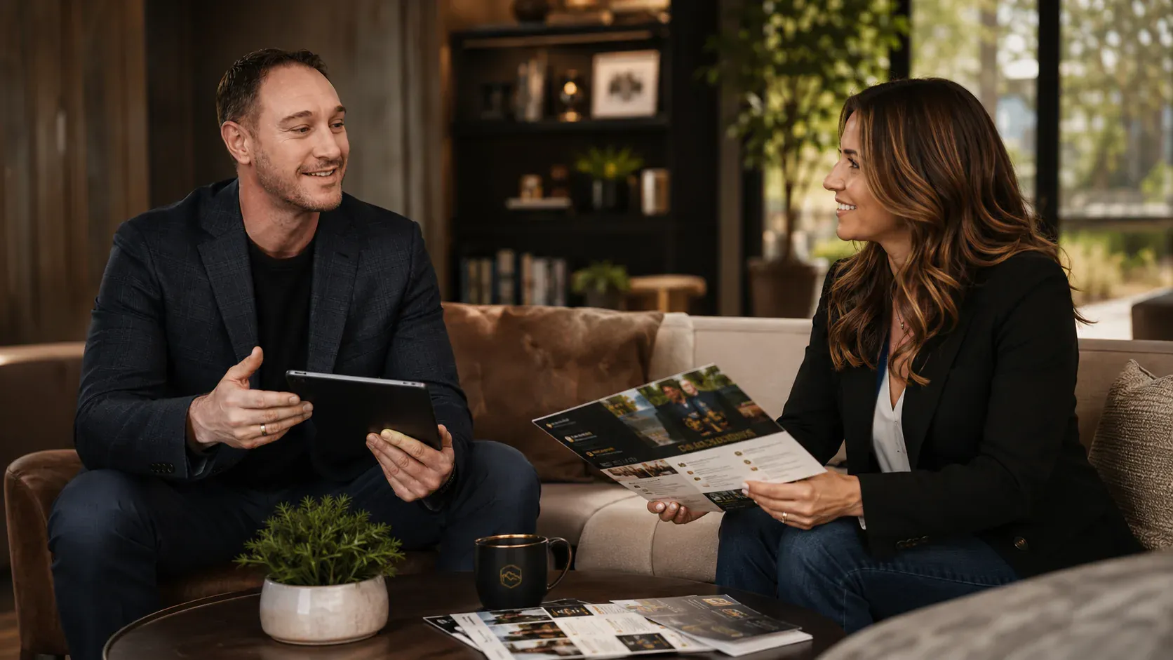 Clinton Goodrich reviewing a creative and growth plan with a local client over the magazine