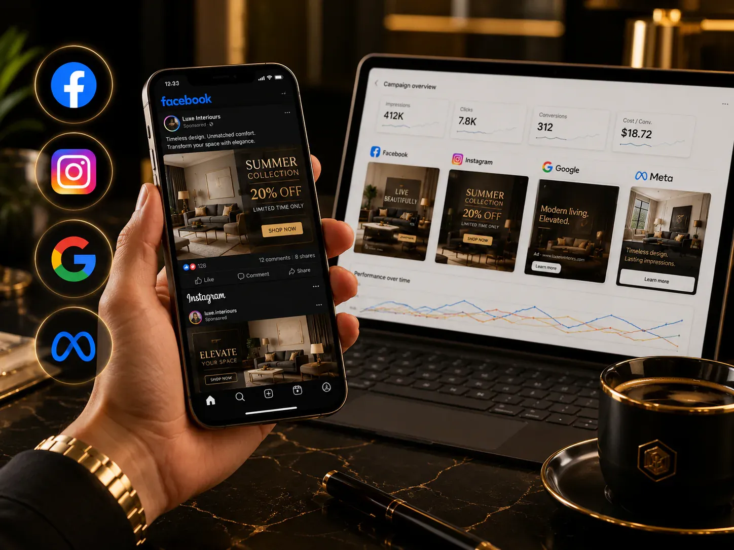 A hand holding a phone with EDHN social ads over the local feed