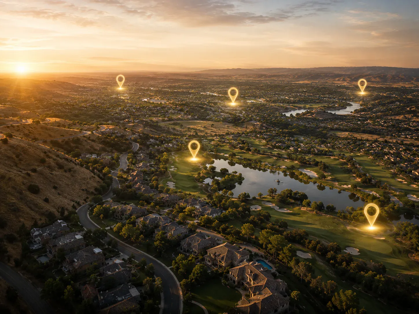 An aerial view of El Dorado Hills with gold map markers showing geo-targeted local reach