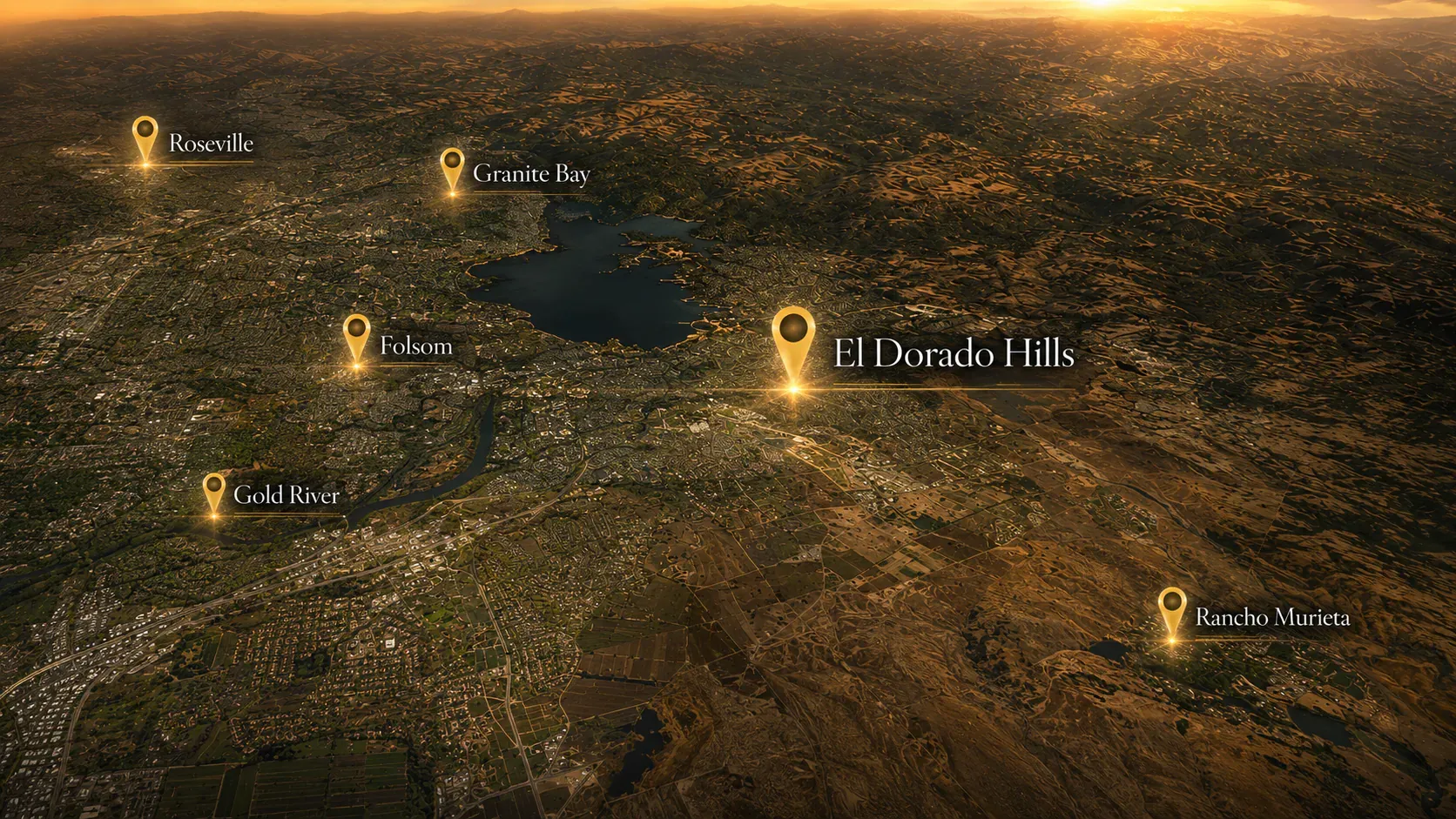 Aerial view of El Dorado Hills neighborhoods at golden hour