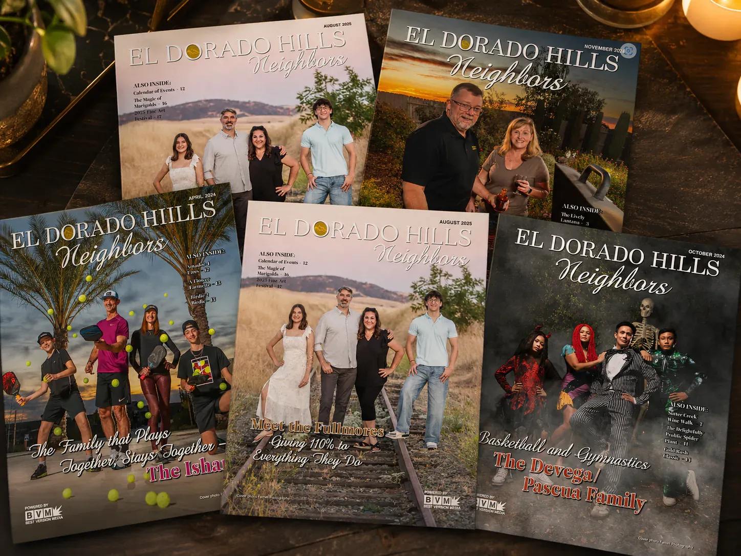 A stack of El Dorado Hills Neighbors magazines on a table
