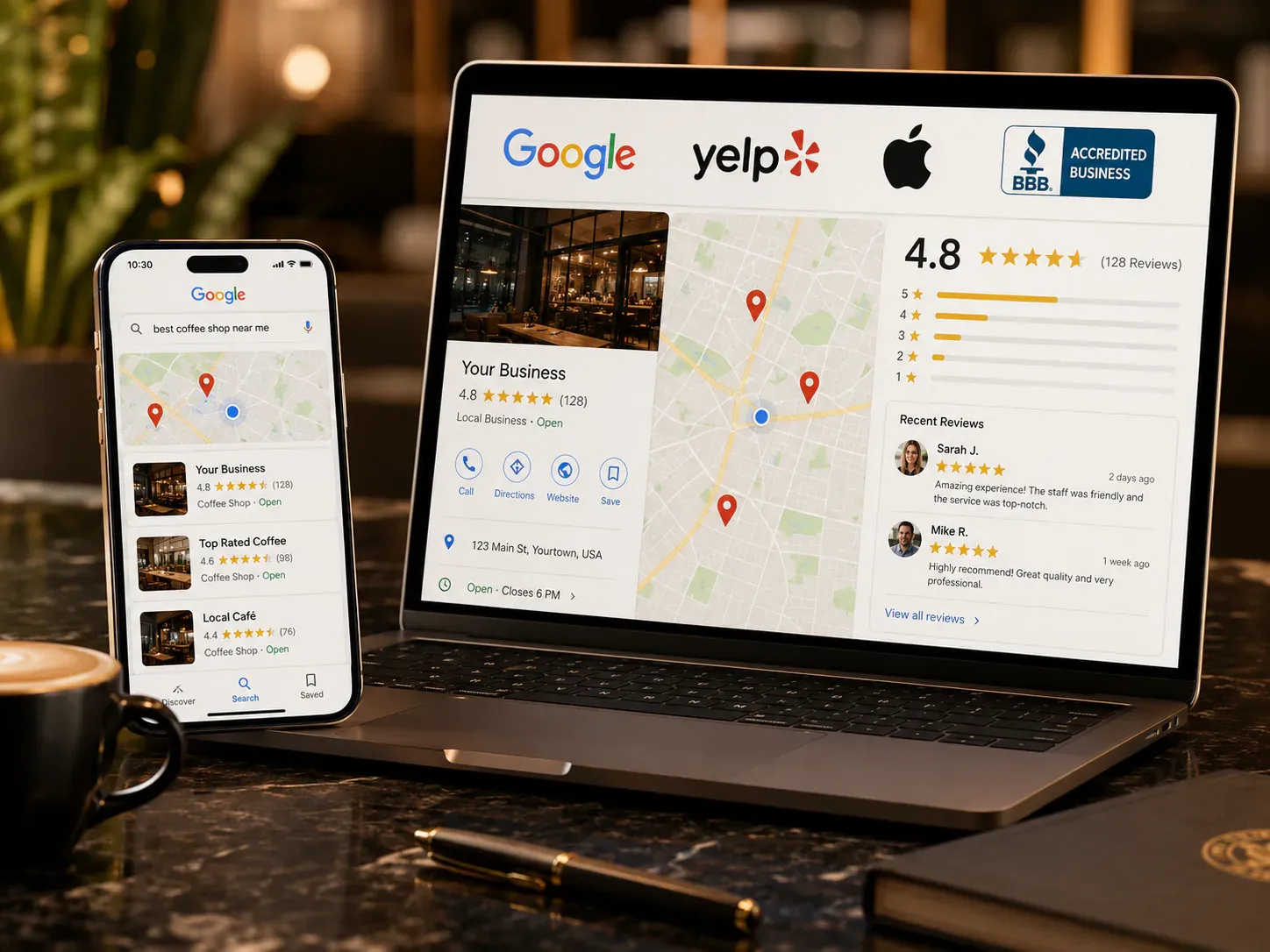 A business information dashboard keeping name, address, phone, and hours accurate across platforms