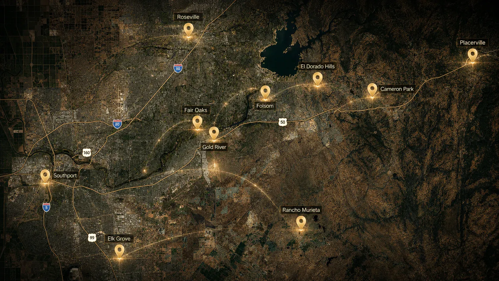 Satellite view of the Greater Sacramento region with gold pins marking EDHN markets from Southport to Placerville