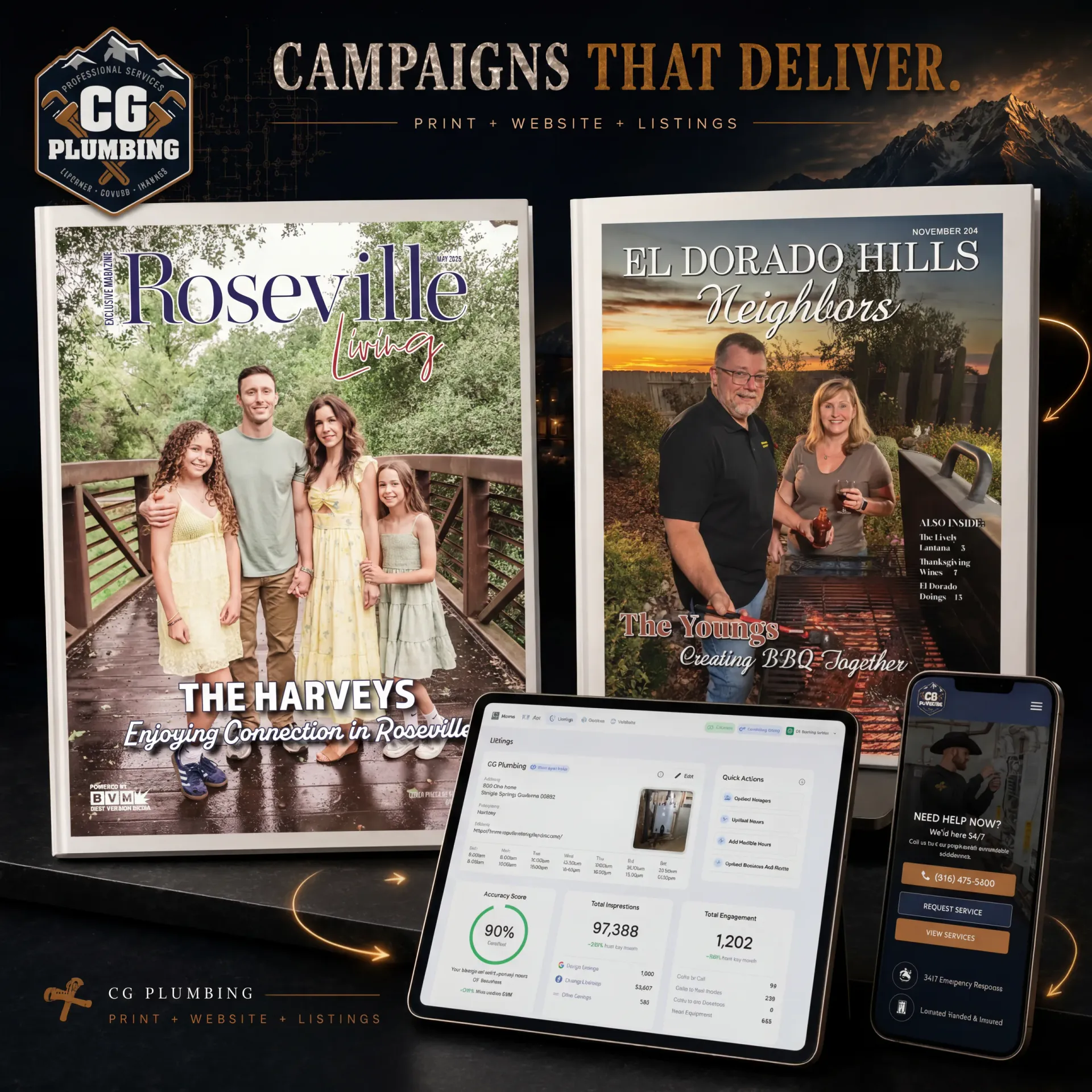 CG Plumbing success story card showing their 90-day campaign results with El Dorado Hills Neighbors