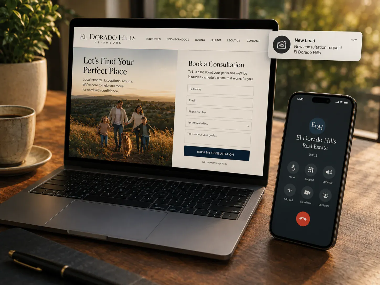 A laptop with a simple local booking form, a phone call in progress, and a new lead notification from an El Dorado Hills campaign