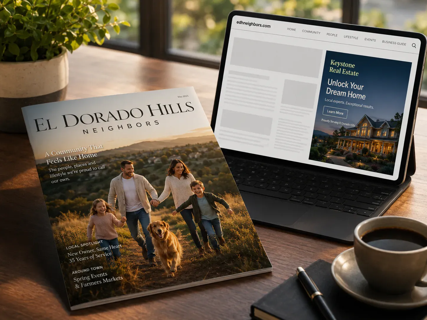 An El Dorado Hills Neighbors magazine on a homeowner's table beside a tablet showing a local business ad on a community news site