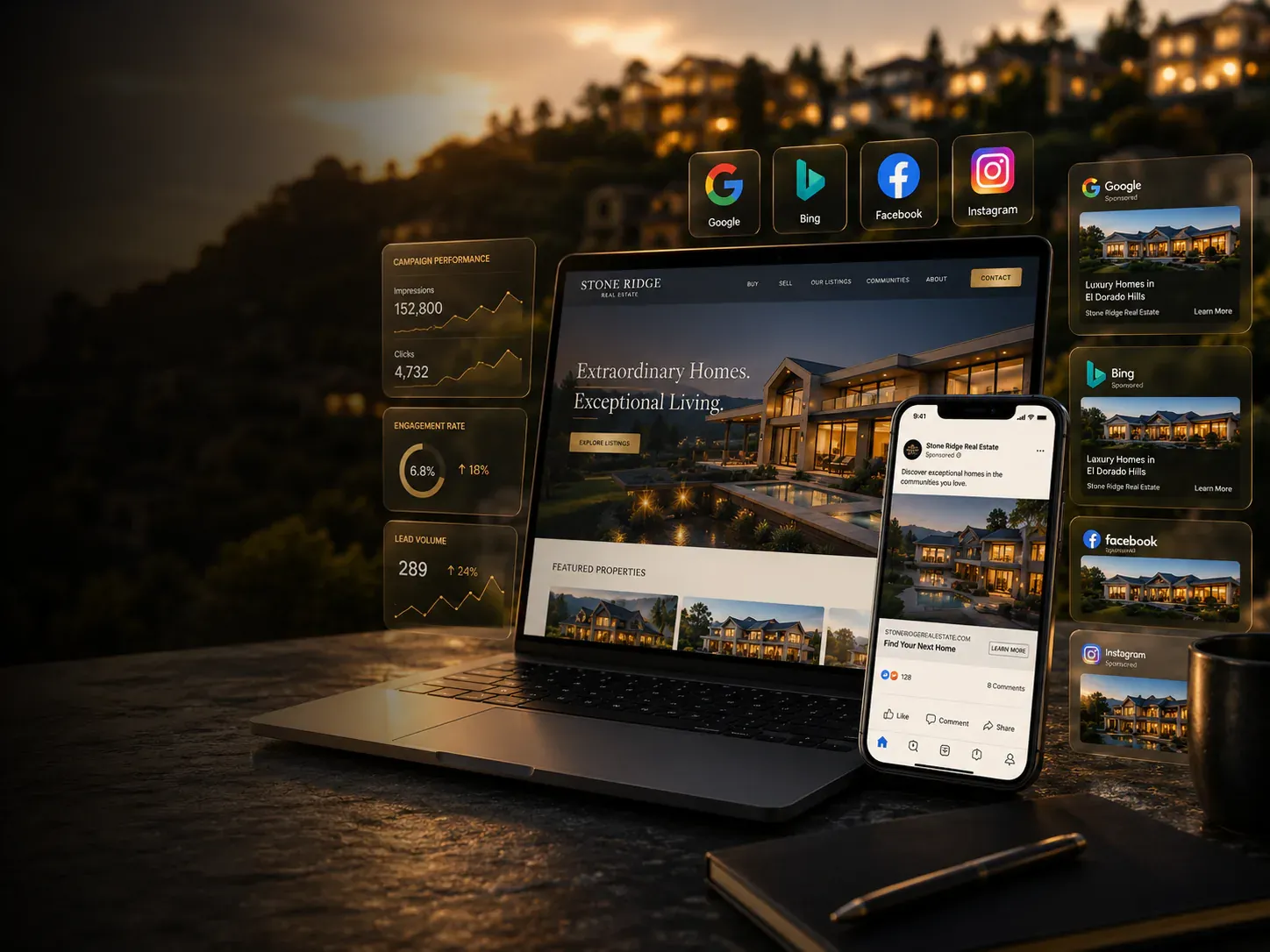 Geo-targeted EDHN digital ads and social posts across a laptop and phone at dusk