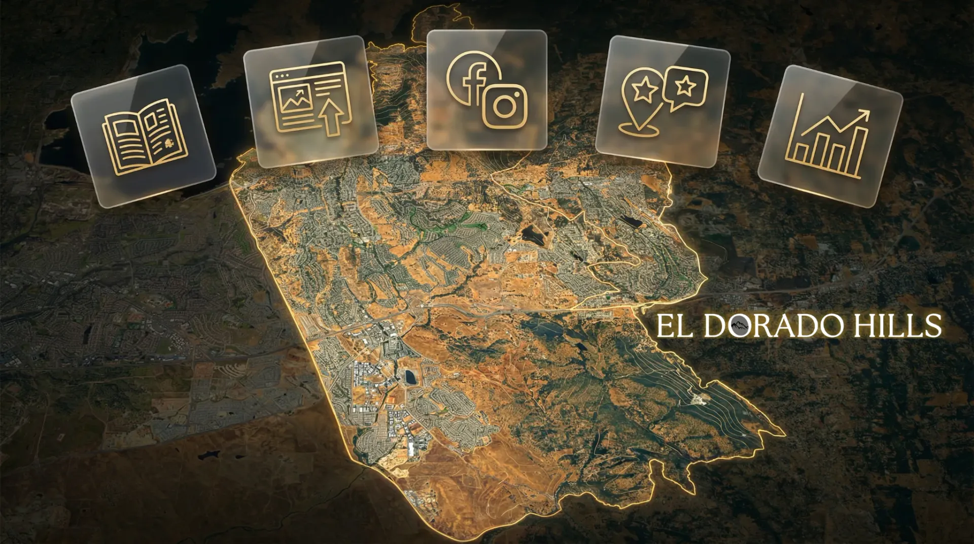 Geo-targeting reach map centered on El Dorado Hills with gold markers across Greater Sacramento