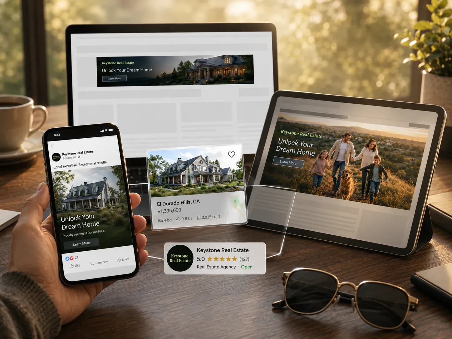 The same local business ad appearing across a desktop news site, a social feed on a phone, and a tablet as a homeowner decides