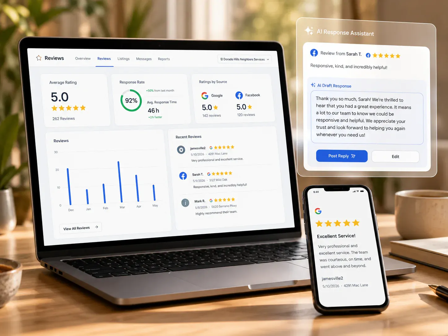 Five-star reviews being earned and answered quickly in the owner's voice