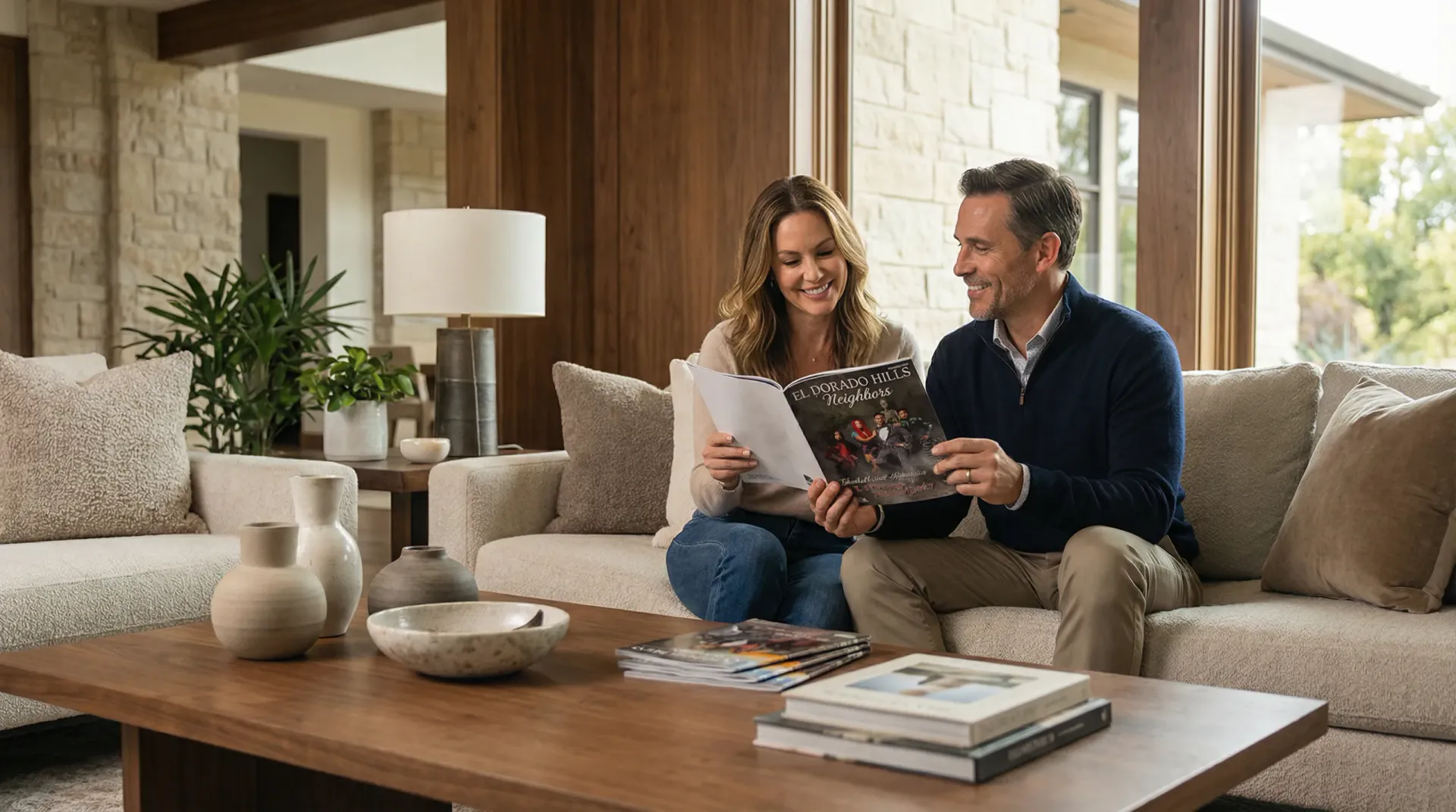 A couple enjoying the El Dorado Hills Neighbors magazine together at home