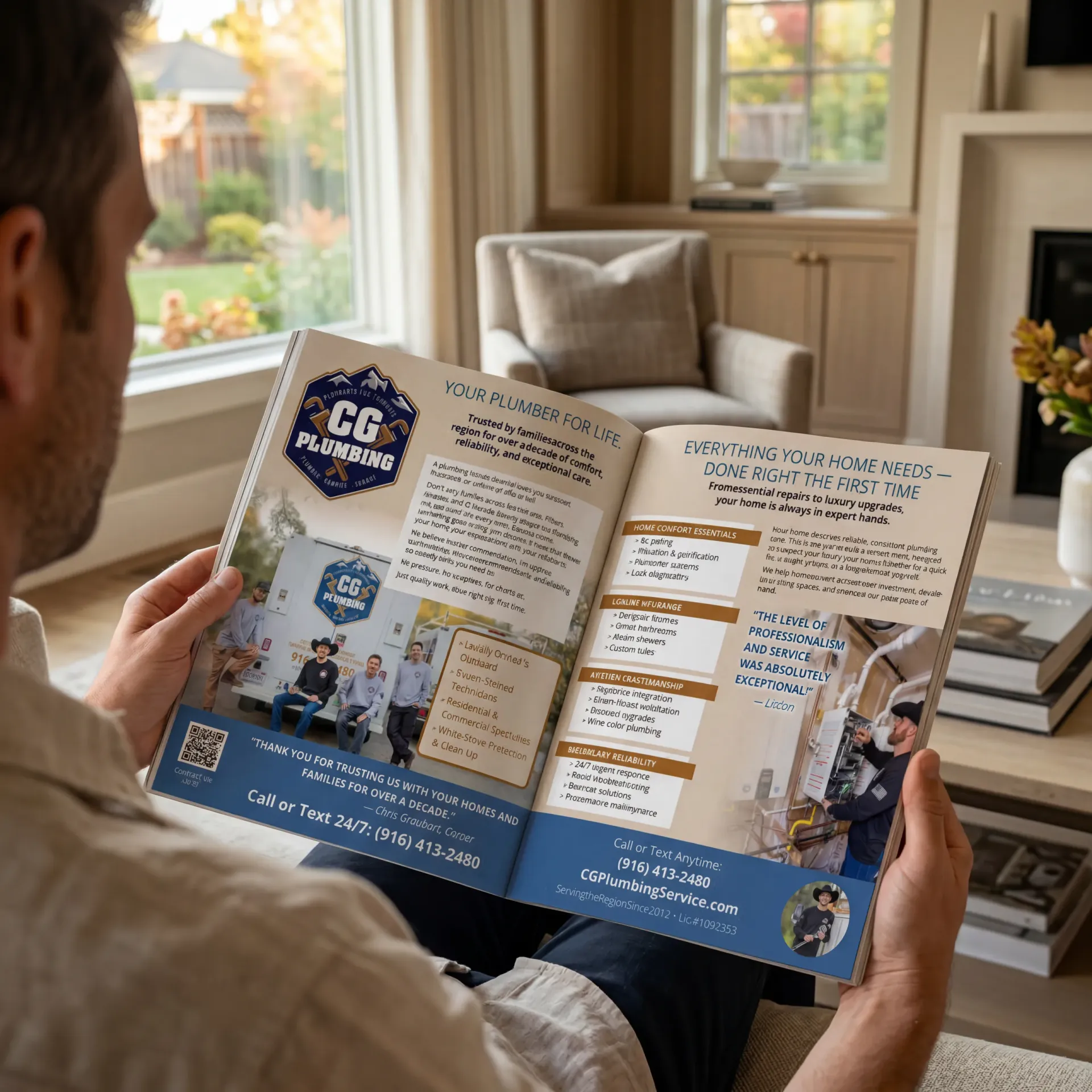 A reader holding the magazine open to CG Plumbing's Your Plumber For Life feature spread