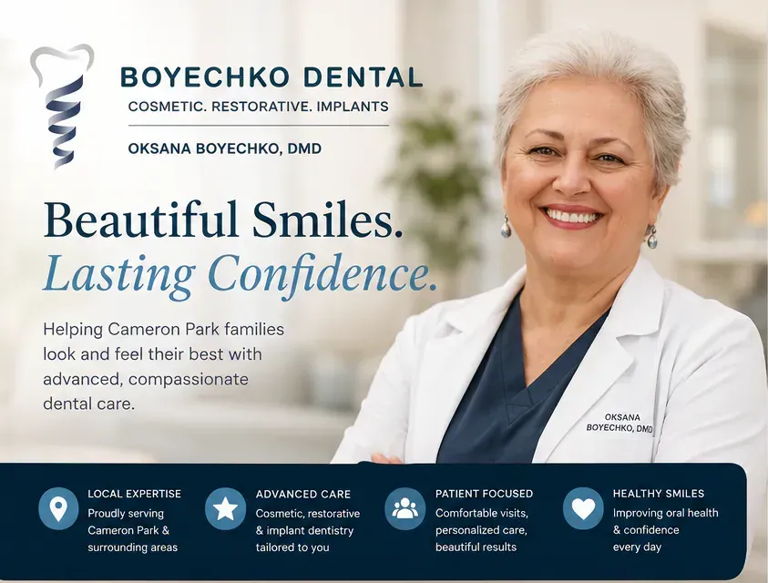 Boyechko Dental advertisement: Dr. Oksana Boyechko in a white coat beside the line Beautiful Smiles. Lasting Confidence.