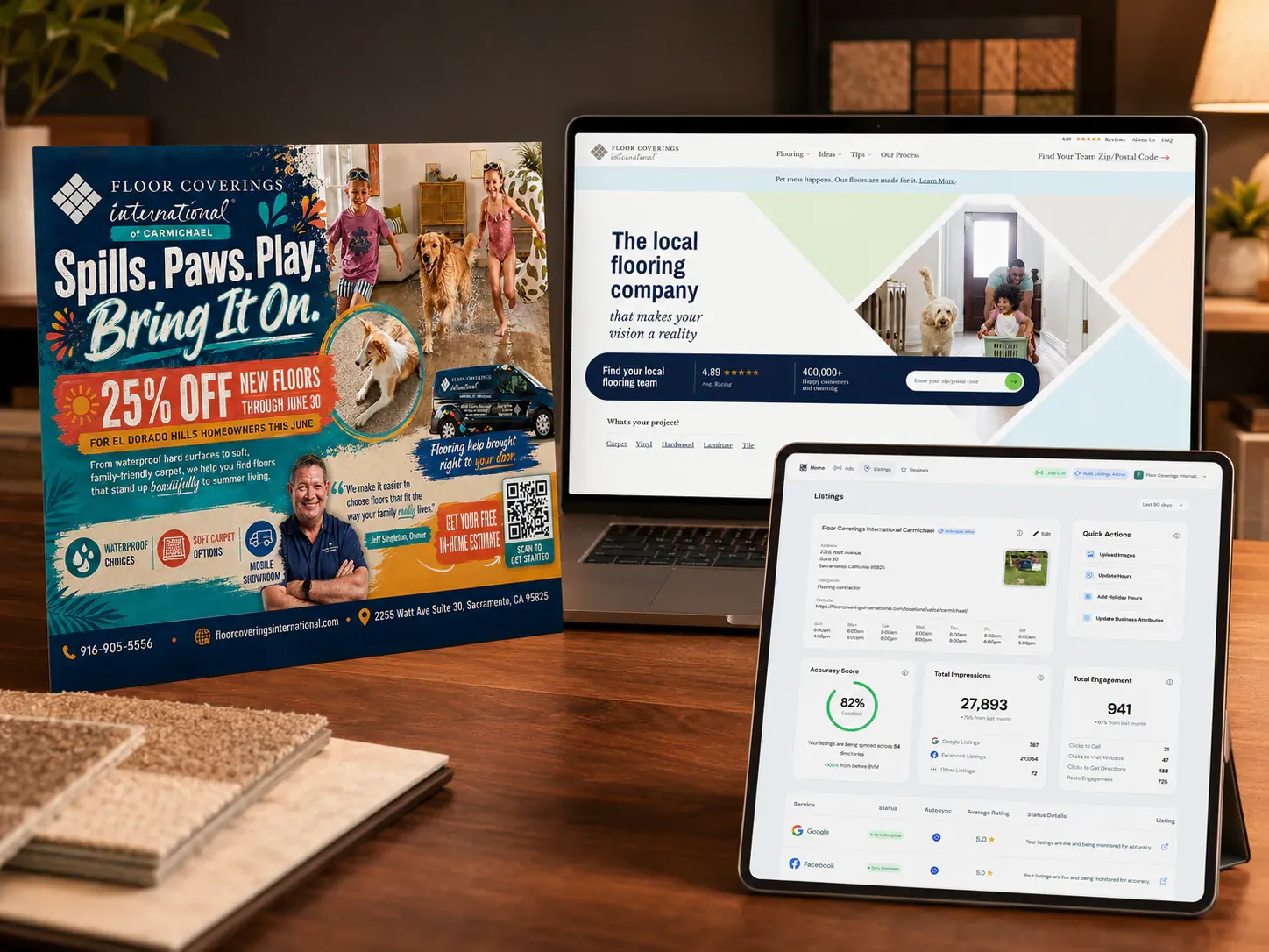 Floor Coverings International of Carmichael campaign card: print ad, website, and listings dashboard showing 27,893 impressions and 941 engagement