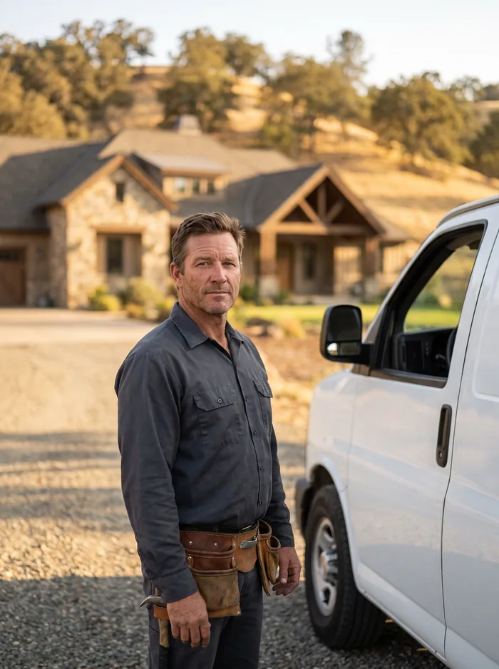 A general contractor standing beside his work van in the driveway of a stone and timber foothill home at golden hour.