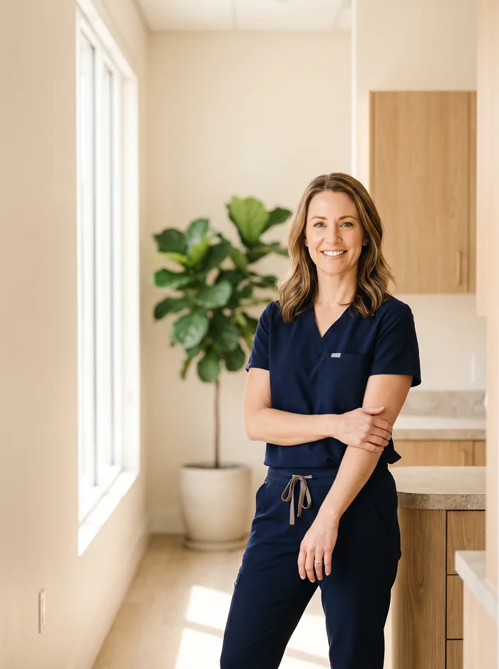 A practitioner in dark scrubs standing in a bright modern practice with warm oak cabinetry and soft window light.