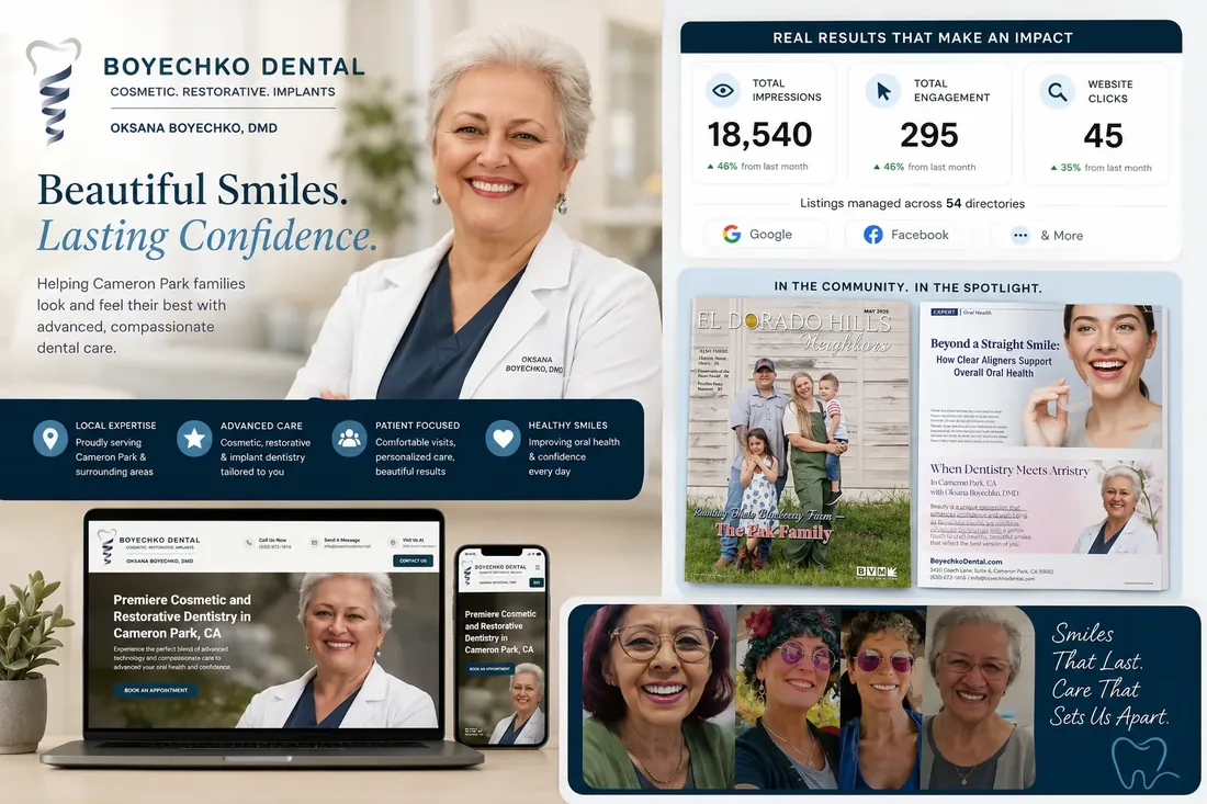 Boyechko Dental campaign: the magazine ad running beside patient photography and the practice&rsquo;s brand creative